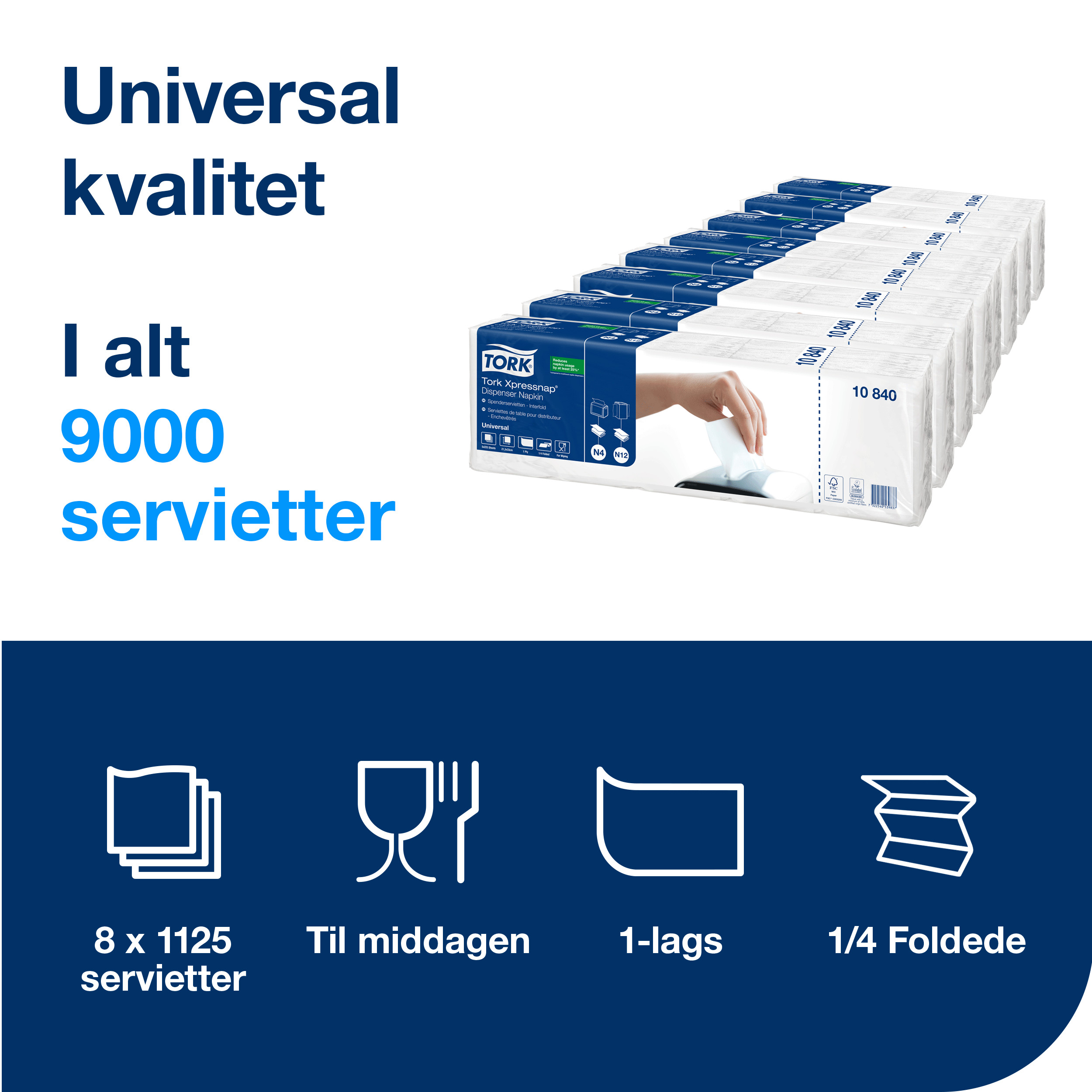 Dispenserservietter, 1 lag, Hvid, 21.3x33 cm, 9000 stk, Tork Xpressnap N4
