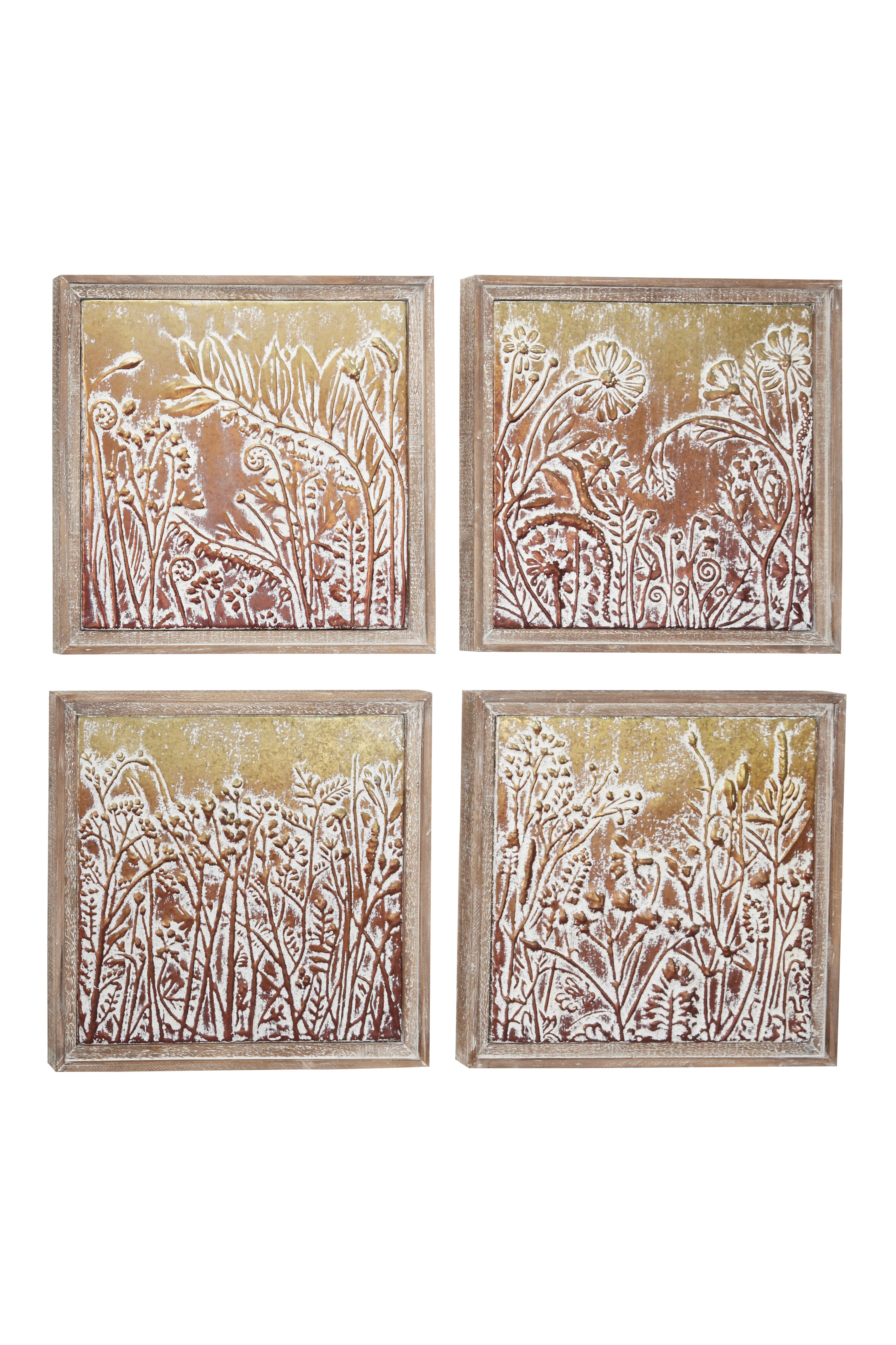Gold Metal Floral Wall Decor, Set of 4 19"W, 19"H