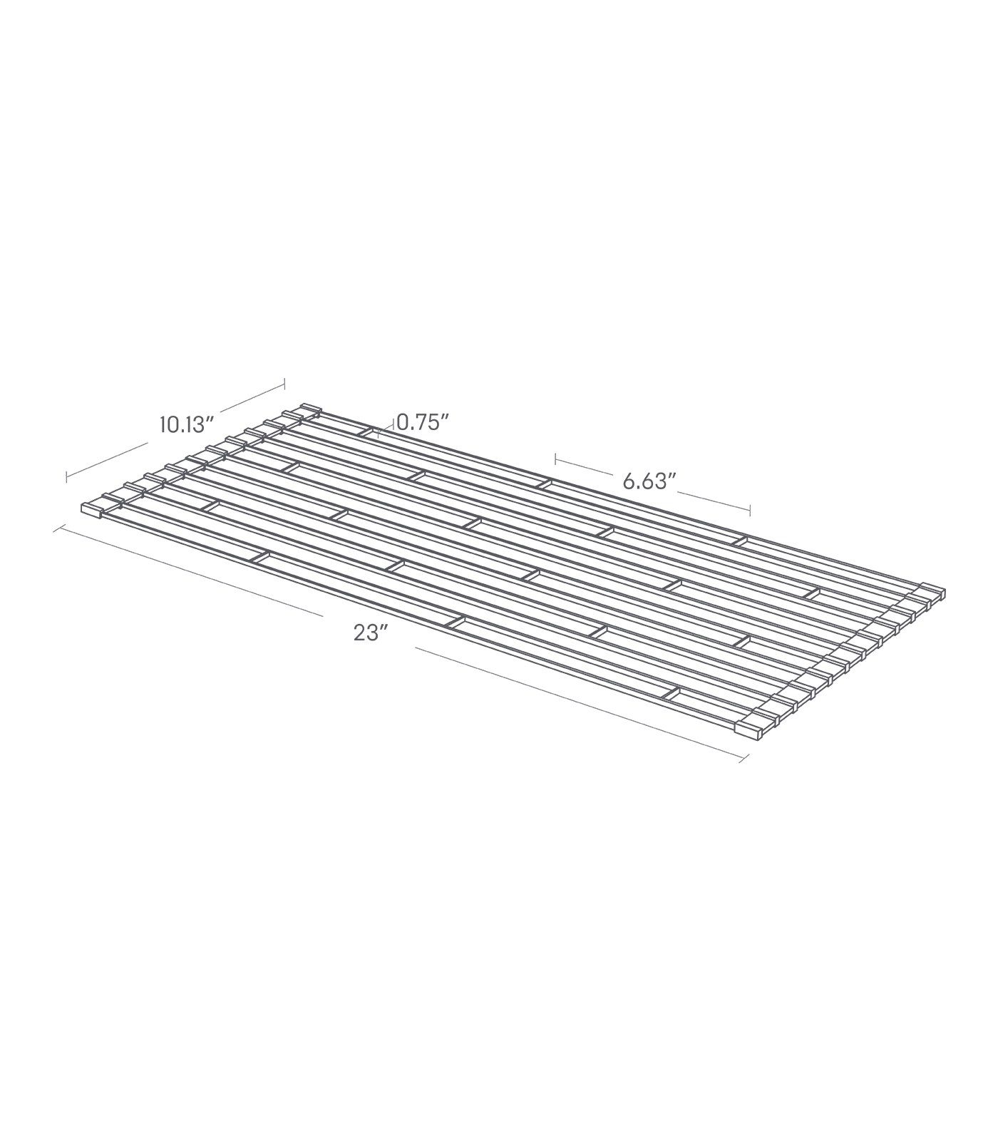 Dimension image of Over-the-Sink Dish rack with a width of 23" and depth of 10.13". Each row is 0.75" wide, and each row is sectioned into 6.63" long slots.