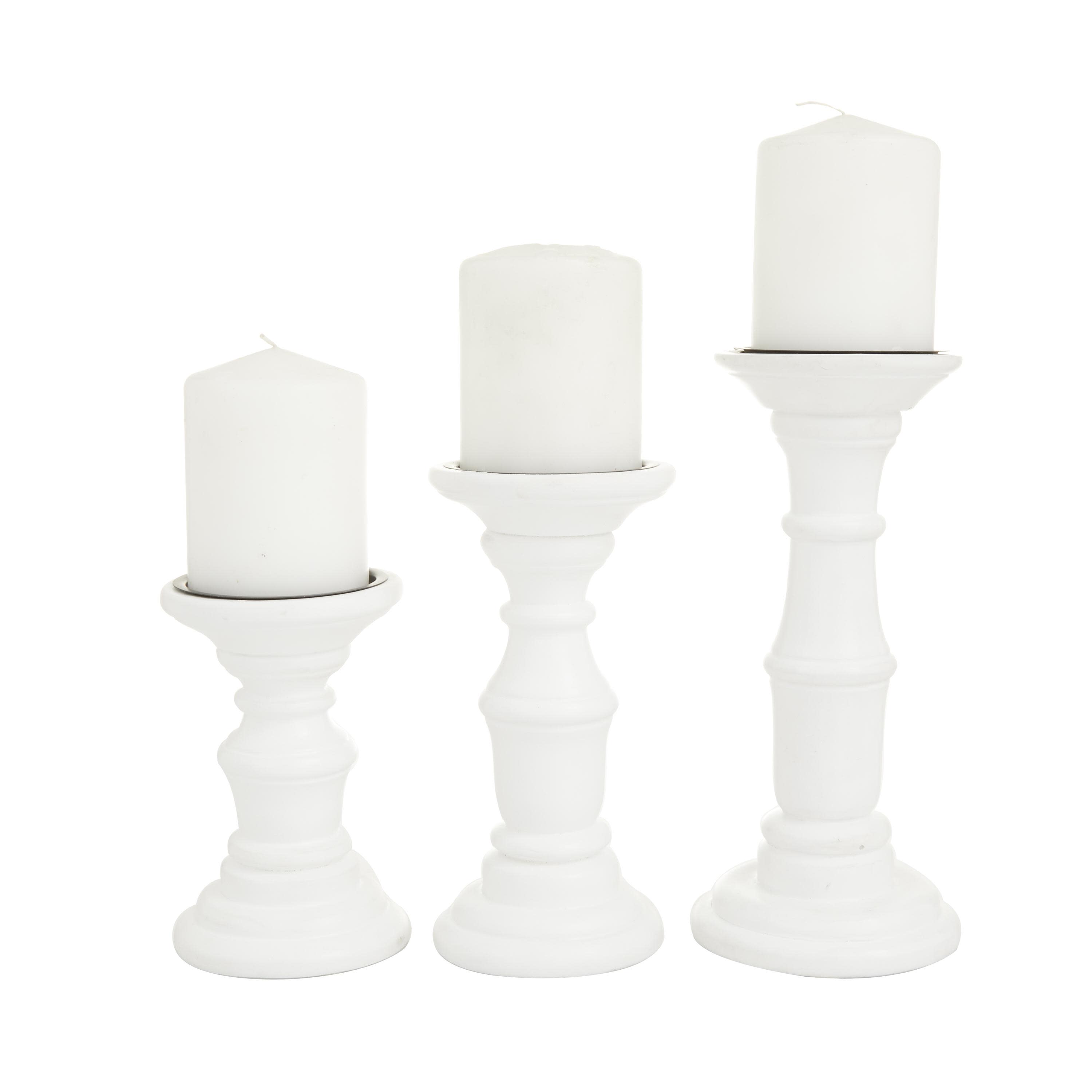 White Mango Wood  Turned Style Pillar Decorative Candle Holder, Set of 3 10", 8", 6"H