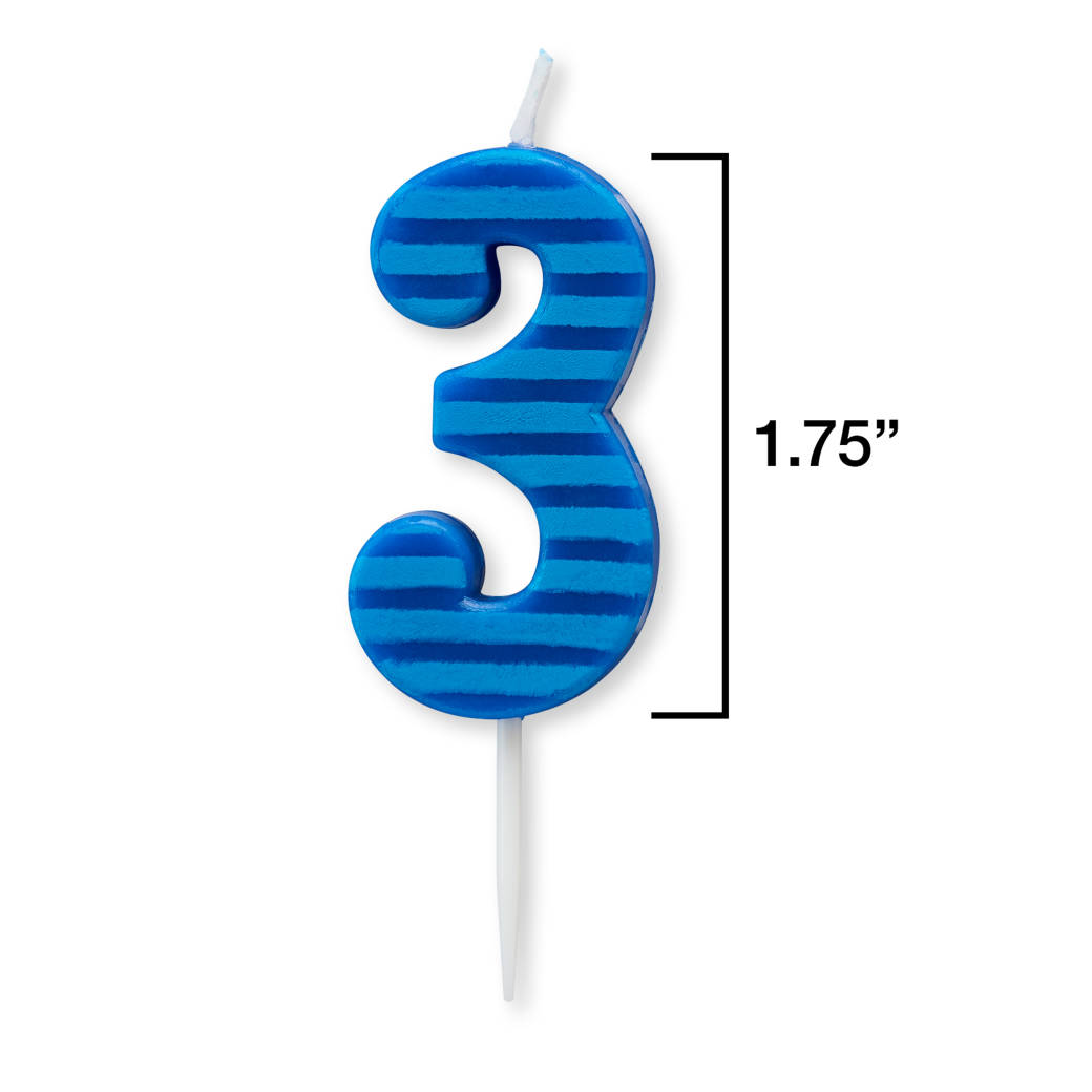 Blue Stripes Number 3 Birthday Candle 1-Count