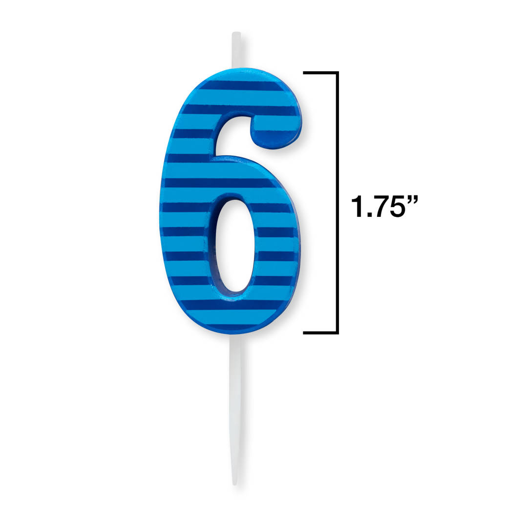 Blue Stripes Number 6 Birthday Candle 1-Count