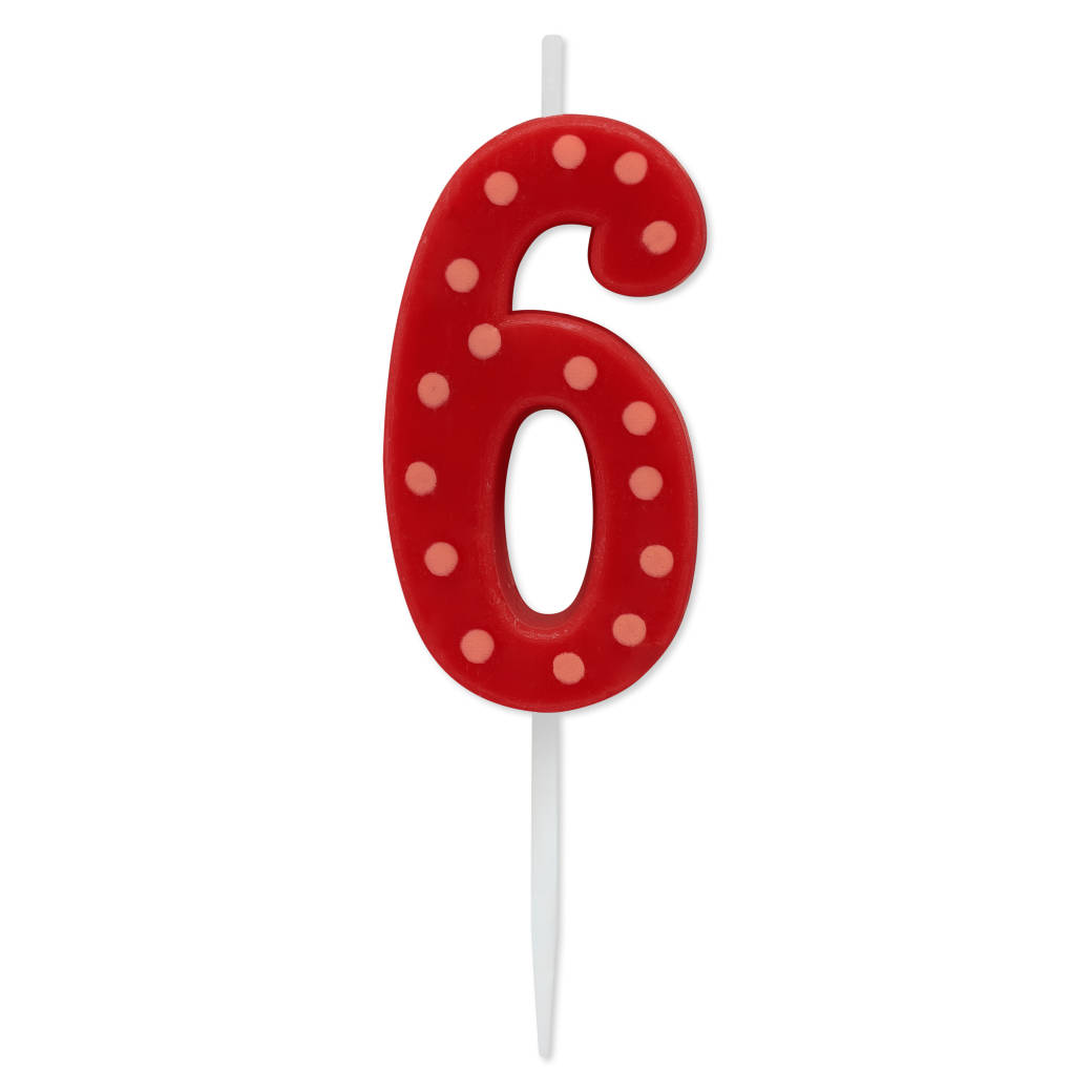 Red Polka Dots Number 6 Birthday Candle 1-Count