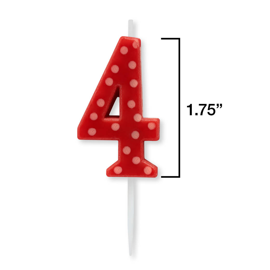 Red Polka Dots Number 4 Birthday Candle 1-Count