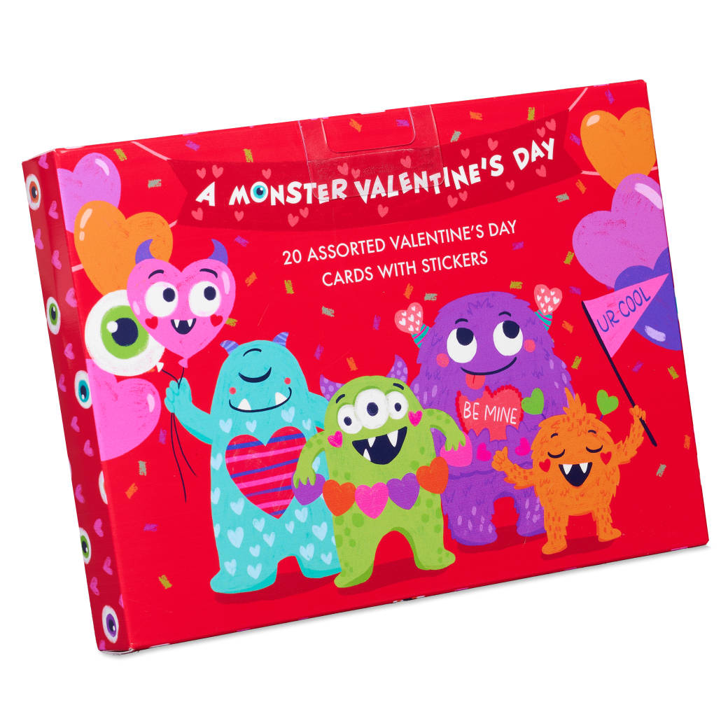 Monster Hearts Valentine's Day Cards for Kids, 20-Count, 1 Sticker Sheet