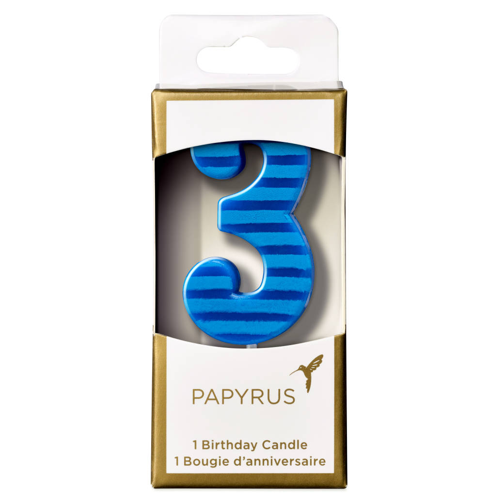 Blue Stripes Number 3 Birthday Candle 1-Count
