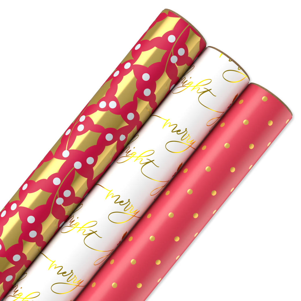 Greenery Lettering and Polka Dots Christmas Wrapping Paper Rolls,  3 Rolls