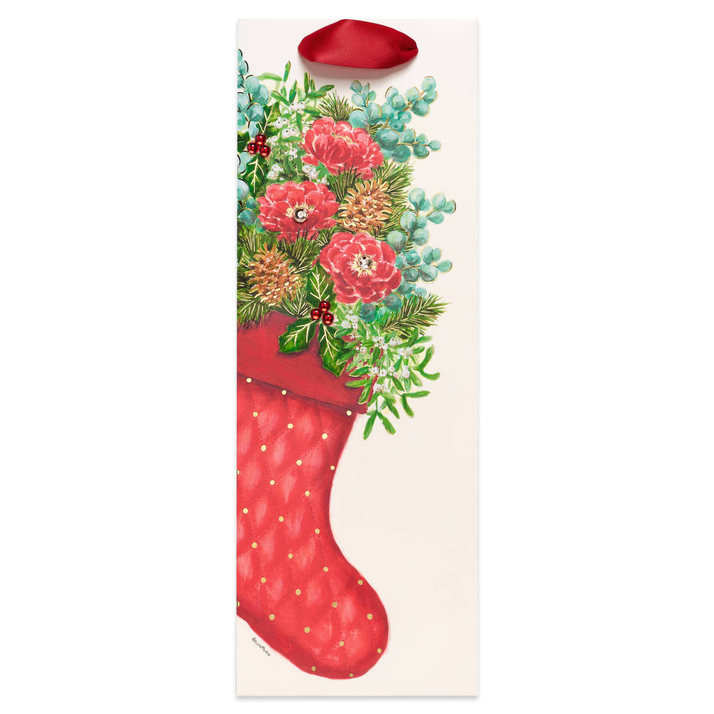 Floral Stocking Christmas Wine Gift Bag - Designed by Bella Pilar, 1 Bag