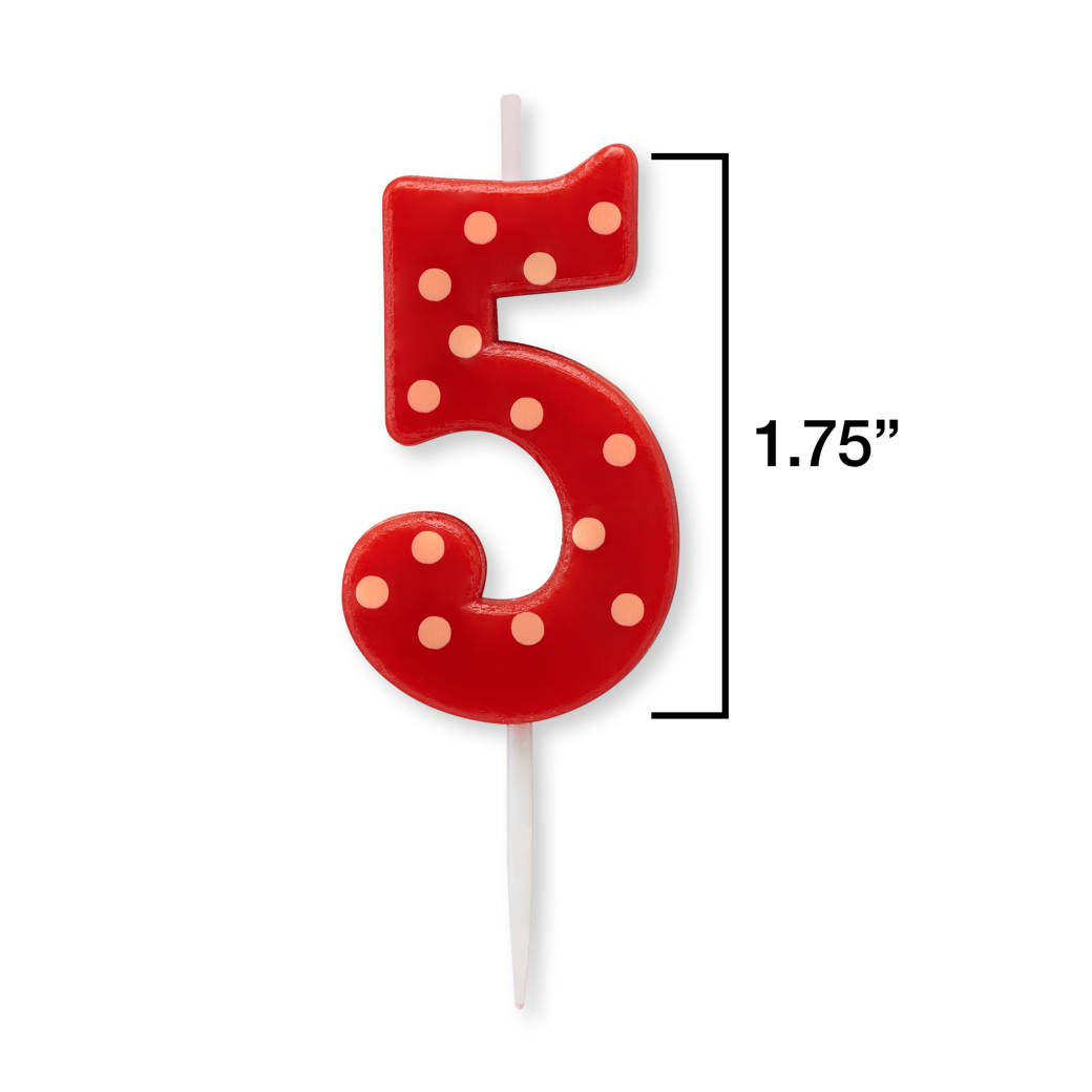 Red Polka Dots Number 5 Birthday Candle 1-Count