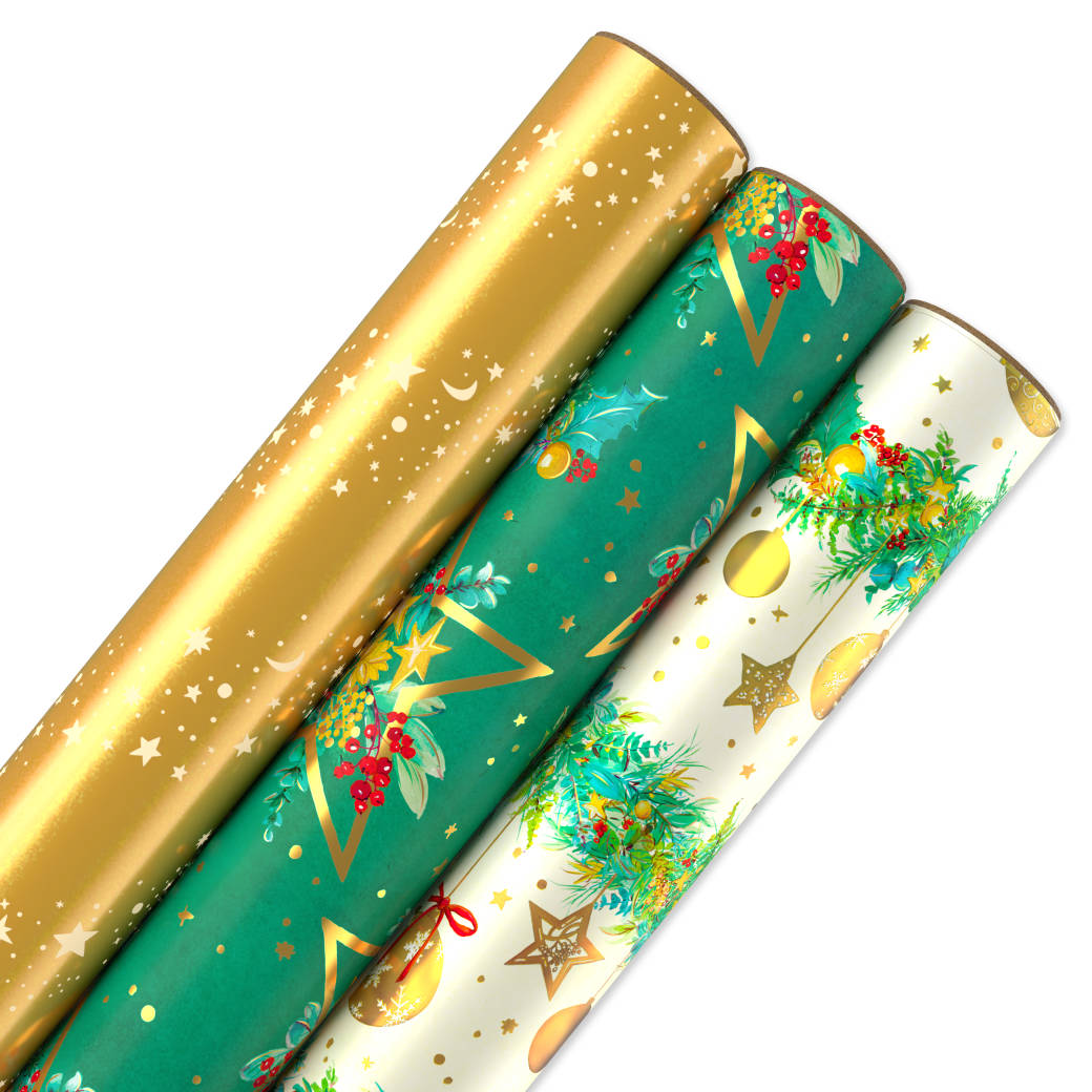 Celestial Evergreen Christmas Wrapping Paper Rolls, 3 Rolls