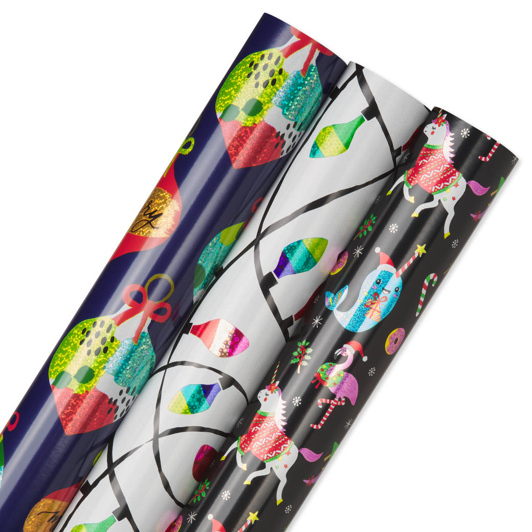 Ornaments, Lights, Llamas Holiday Wrapping Paper Bundle, 3 Rolls Image 5