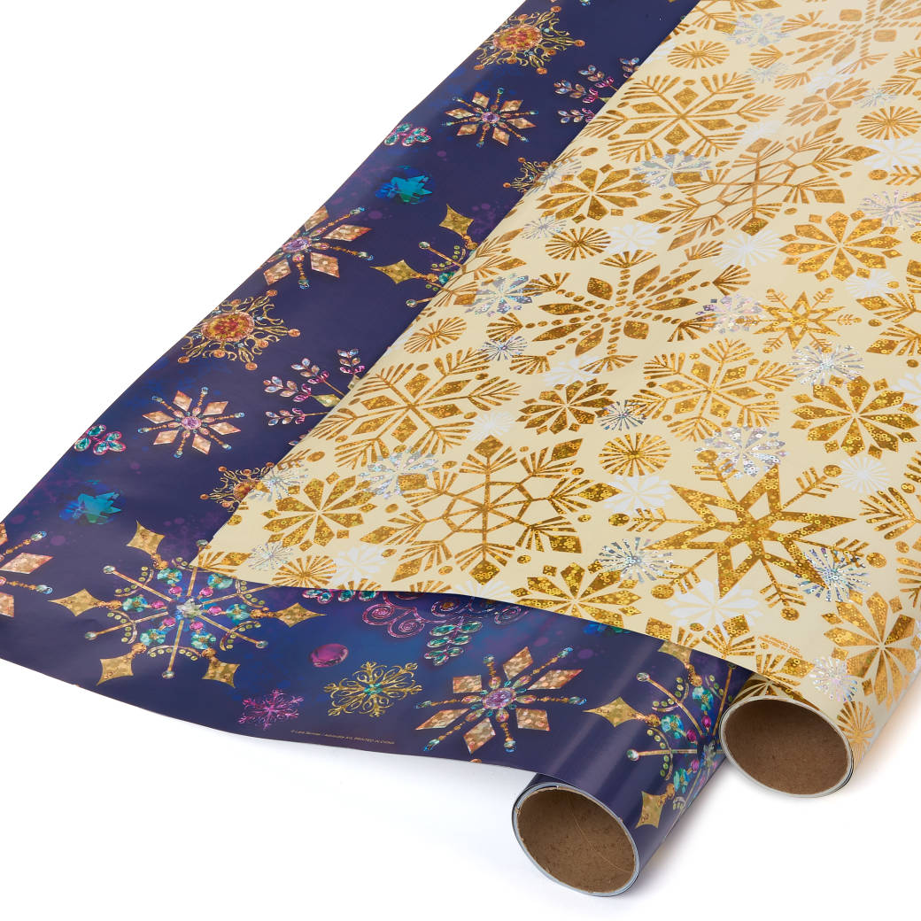 Jewel Tone Snowflakes and Holographic Snowflakes Holiday Wrapping Paper Bundle, 2 Rolls Image 1