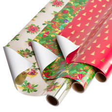 Poinsettias, Christmas Tidings, Red + Gold Trees Holiday Wrapping Paper Bundle, 3 Rolls Image 1