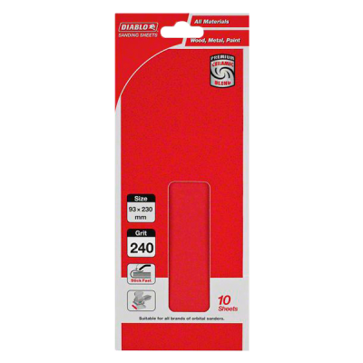 93 x 230mm Hook & Loop No Hole Sanding Sheet 240G (10-Pack)