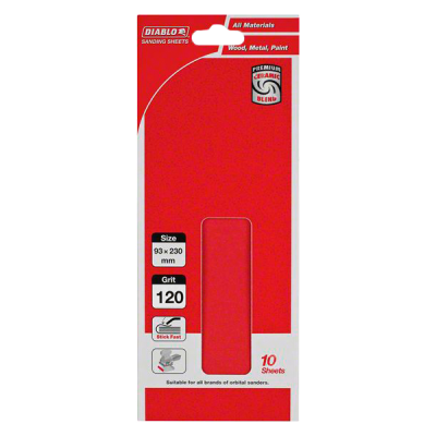 93 x 230mm Hook & Loop No Hole Sanding Sheet 120G (10-Pack)