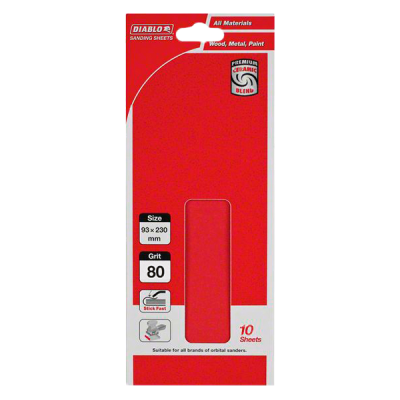93 x 230mm Hook & Loop No Hole Sanding Sheet 80G (10-Pack)
