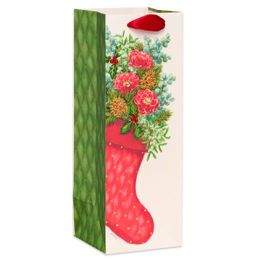 Floral Stocking Christmas Wine Gift Bag - Designed by Bella Pilar, 1 Bag