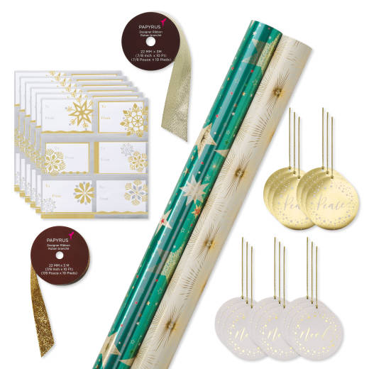 Teal + Gold Stars, Gold Stars Holiday Wrapping Paper Set, 2 Rolls, 2 Ribbons, 5 Tags, 12 Labels