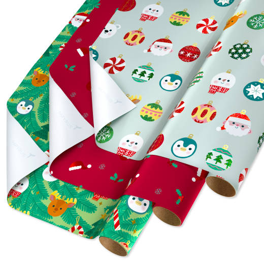 Ornaments, Santa Hats and Animals Christmas Wrapping Paper Rolls, 3 Rolls