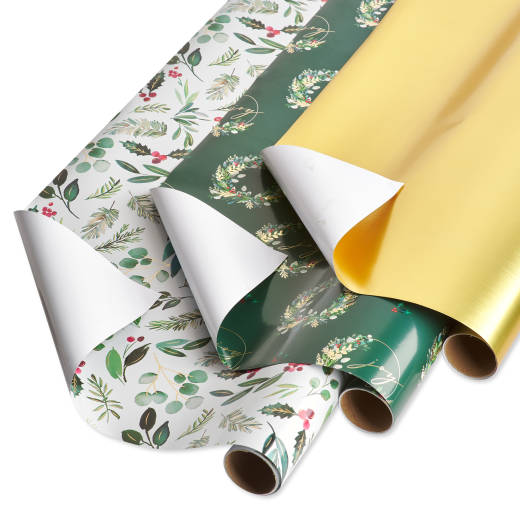 Holly, Wreath, Gold Holiday Wrapping Paper Bundle, 3 Rolls