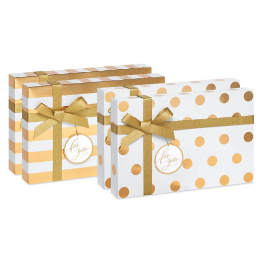 White and Gold Holiday Gift Box Set, 4 Boxes, 4 Gift Tags, One Ribbon, 8 Sheets of Solid Tissue