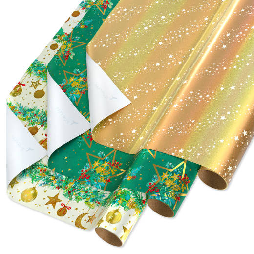 Celestial Evergreen Christmas Wrapping Paper Rolls, 3 Rolls