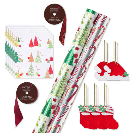 Christmas Trees and Candy Canes Holiday Wrapping Paper Set, 2 Rolls, 2 Ribbons, 5 Tags, 12 Labels