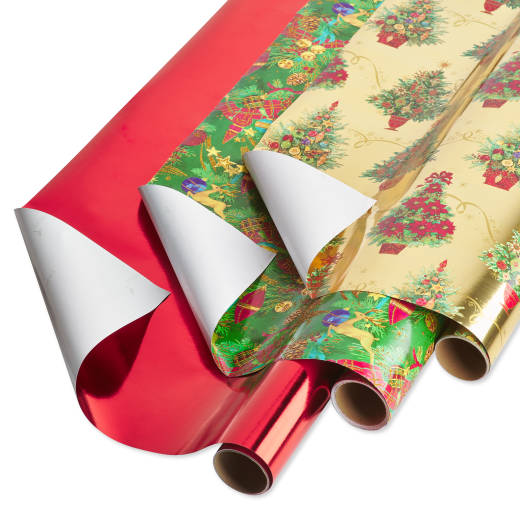 Metallic Red, Christmas Tree, Christmas Tidings Holiday Wrapping Paper Bundle, 3 Rolls