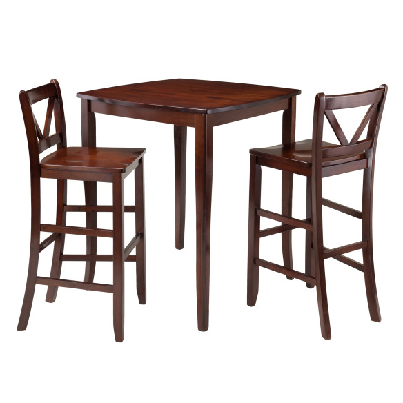 Winsome Inglewood High Dining Table with 2 V-Back Bar Stools, 39” High, 34” Wide, Walnut