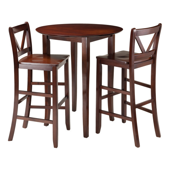 Winsome Fiona High Round Dining Table with 2 V-Back Stools, 39” High, 34” Wide, Walnut