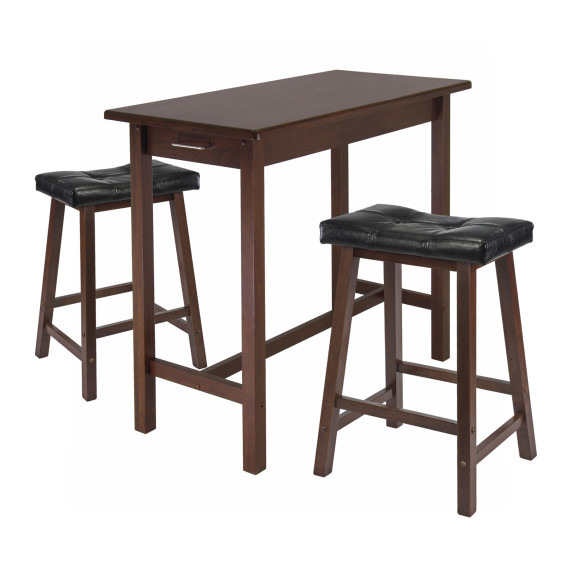Sally 3-Pc Breakfast Table with 2 Cushion Saddle Seat Stools, Walnut and Black