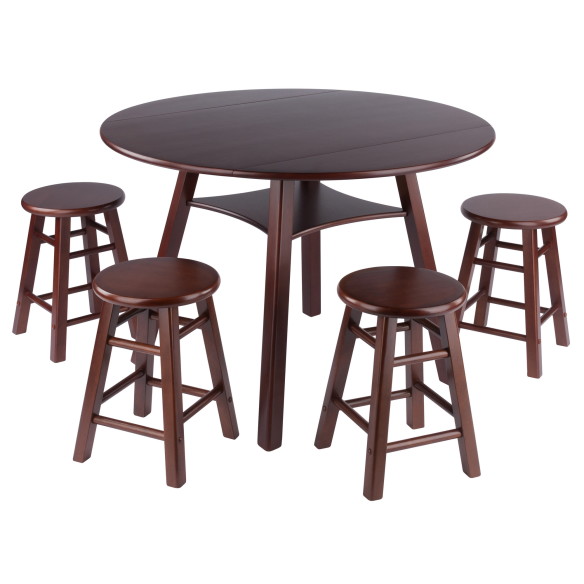 Marbelle Table 5-Pc Drop Leaf Dining Table with 4 Element 18” Dining Stools, Walnut Finish