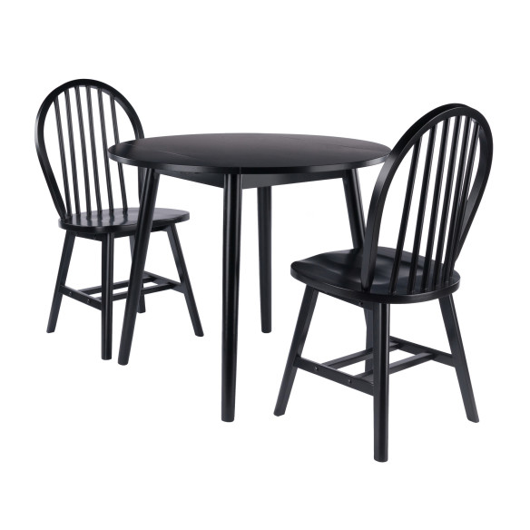 Moreno 3-Pc Double Drop Leaf Dining Table with 2 Windsor Chairs, Black