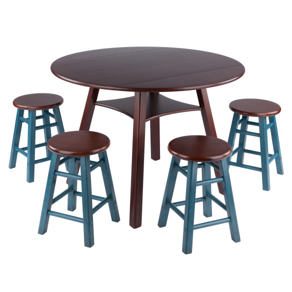Marbelle Table 5-Pc Drop Leaf Dining Table, Walnut Finish, with 4 Element 18” Dining Stools, Walnut Rustic Teal Finish