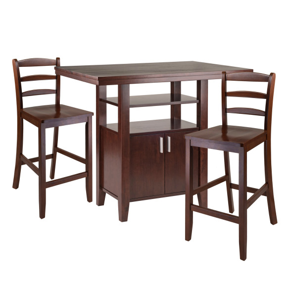 Winsome Albany High Dining Table with Built-In Storage and 2 Ladder Back Stools, 36” High, 42” Wide, Walnut