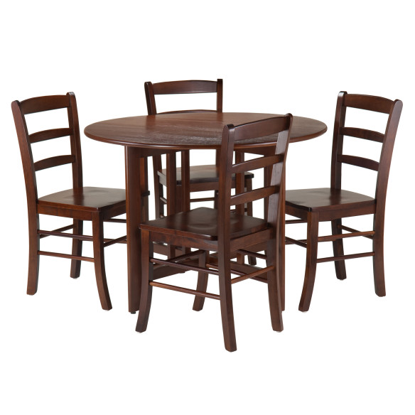 Winsome Alamo Foldable Round Dining Table, 42” Wide, with 4 Ladder Back Chairs, Walnut