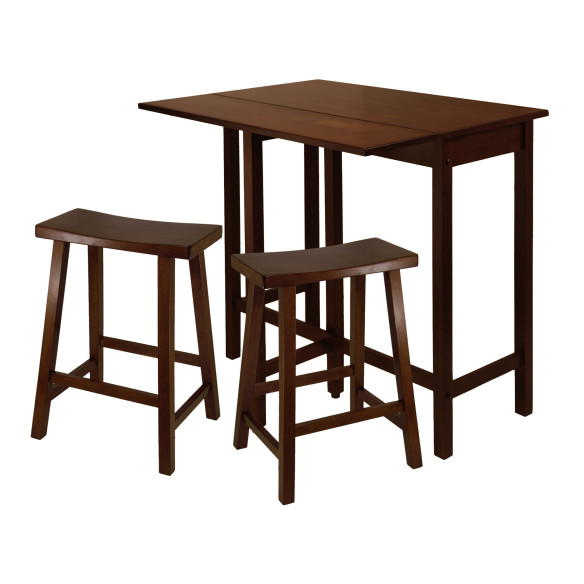 Lynnwood 3-Pc High Drop Leaf Dining Table with 2 Saddle Seat Bar Stools, Walnut