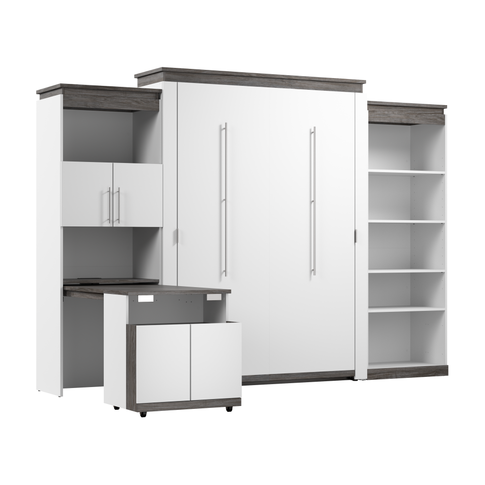 White / Queen / 30-inch Pull-Out Desk Cabinet + Shelving Unit
