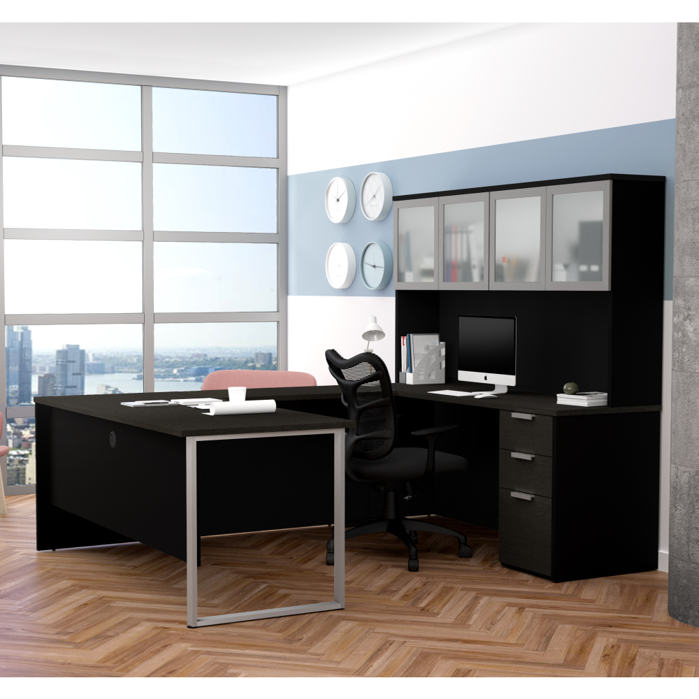Proconcept Plus 72W U-Shaped Executive Desk with Pedestal and Frosted Glass Doors Hutch - Thumbnail 3