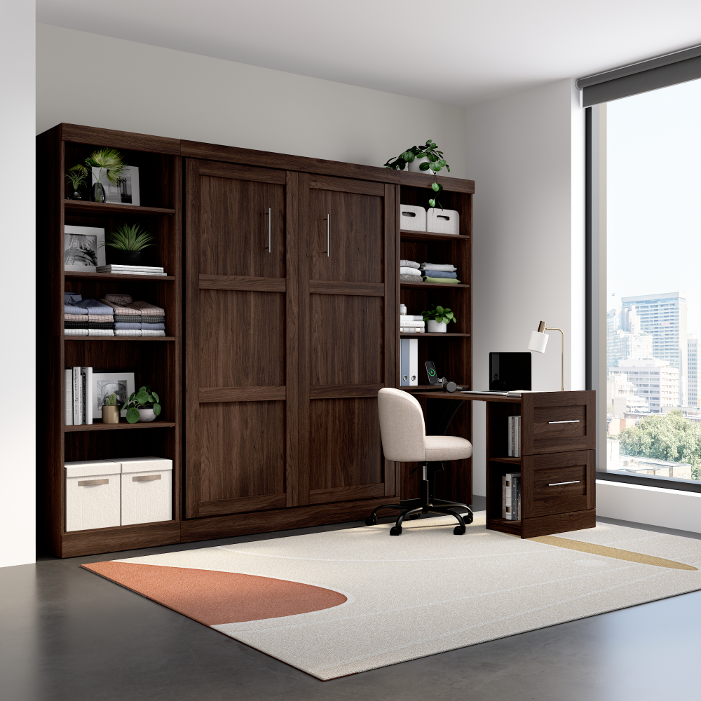 Noyer noir / Bureau, rangement double et tiroirs / Lit double