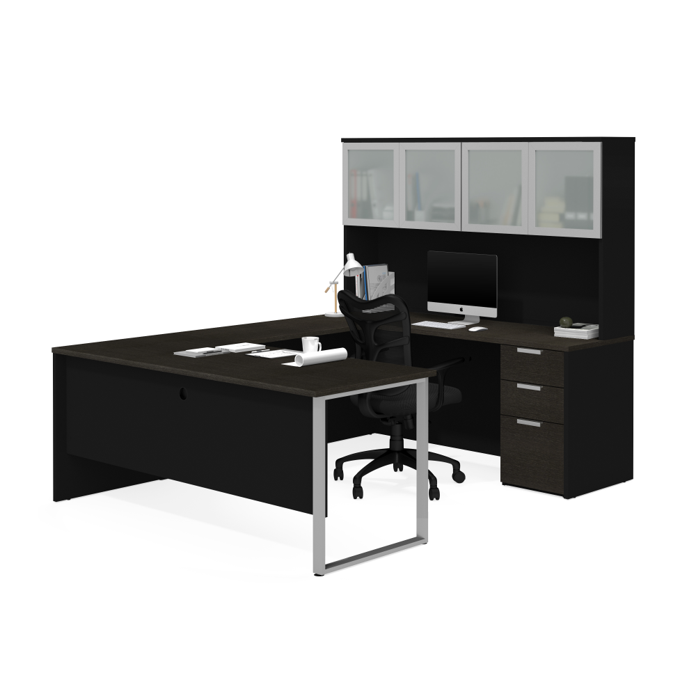 Proconcept Plus 72W U-Shaped Executive Desk with Pedestal and Frosted Glass Doors Hutch