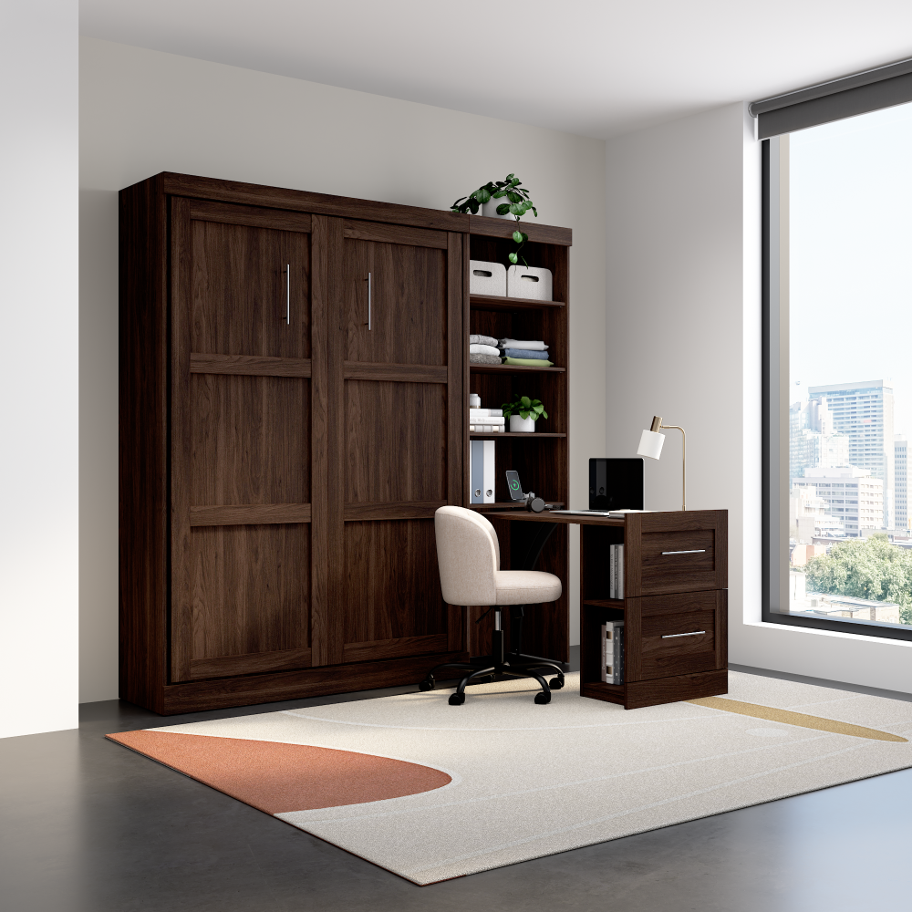 Noyer noir / Bureau, rangement simple et tiroirs / Lit double