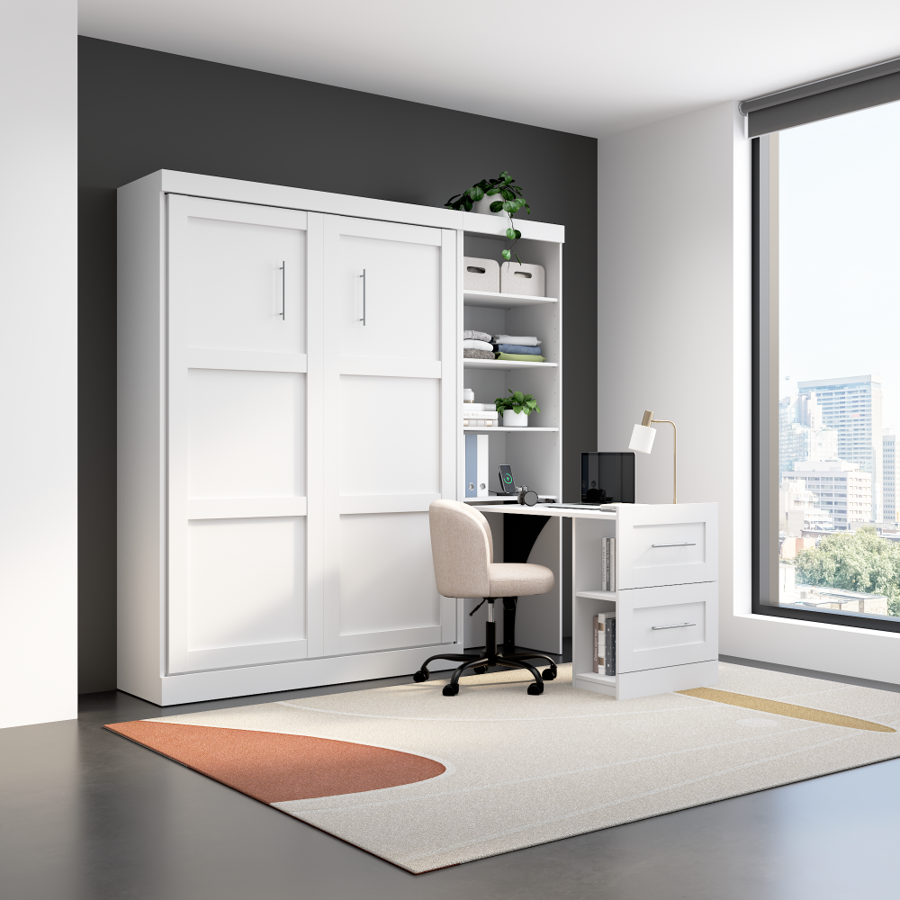 Blanc / Bureau, rangement simple et tiroirs / Lit double