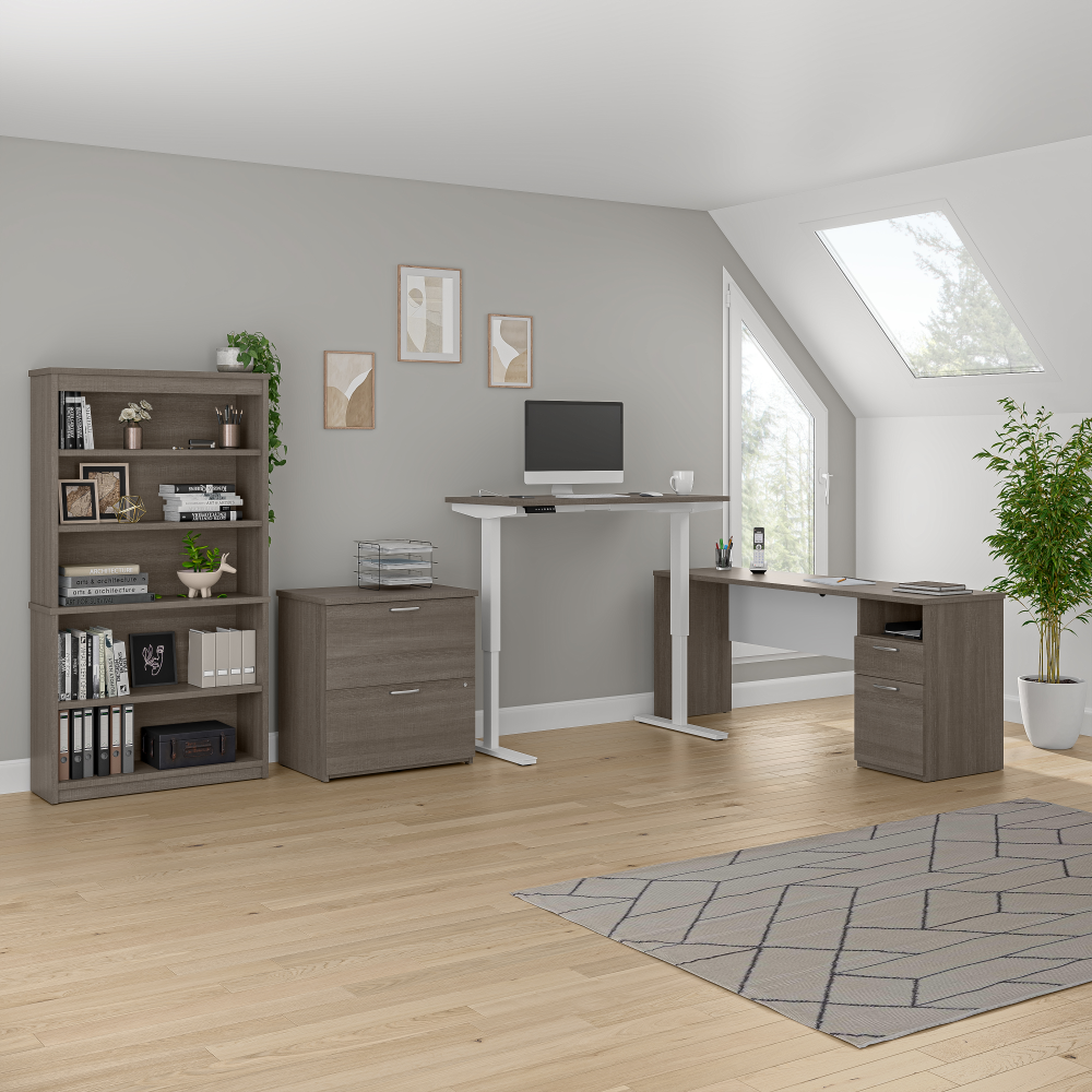 Gris écorce et blanc / 135L x 67P / Bureau assis-debout, bibliothèque et classeur