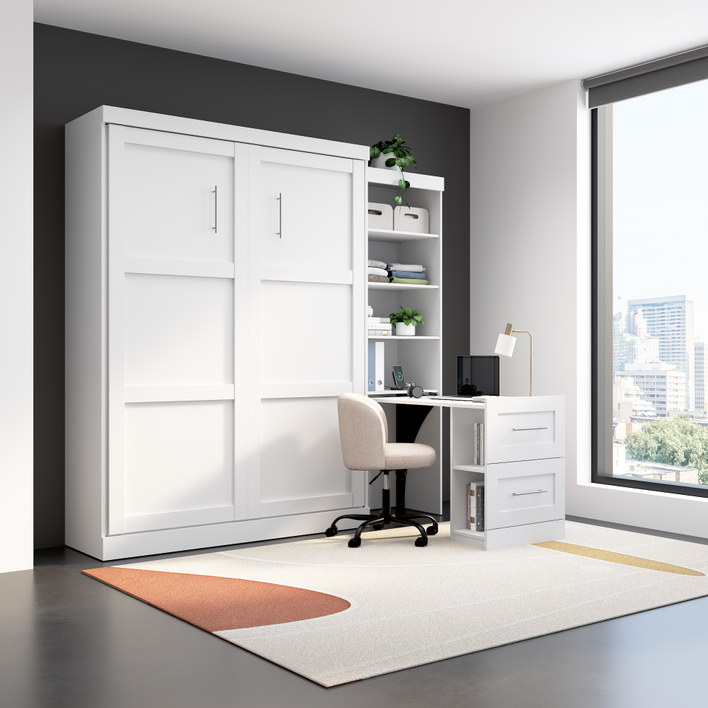 Blanc / Bureau, rangement simple et tiroirs / Grand lit