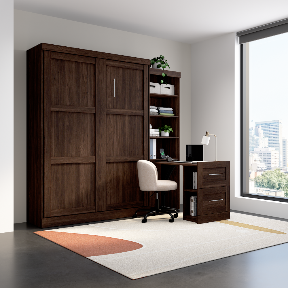 Noyer noir / Bureau, rangement simple et tiroirs / Grand lit