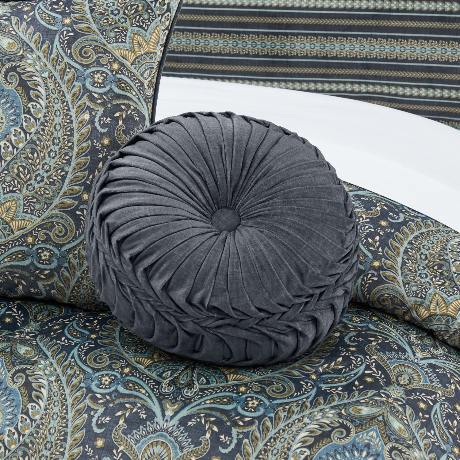 Blue Tufted Round Decorative Throw Pillow