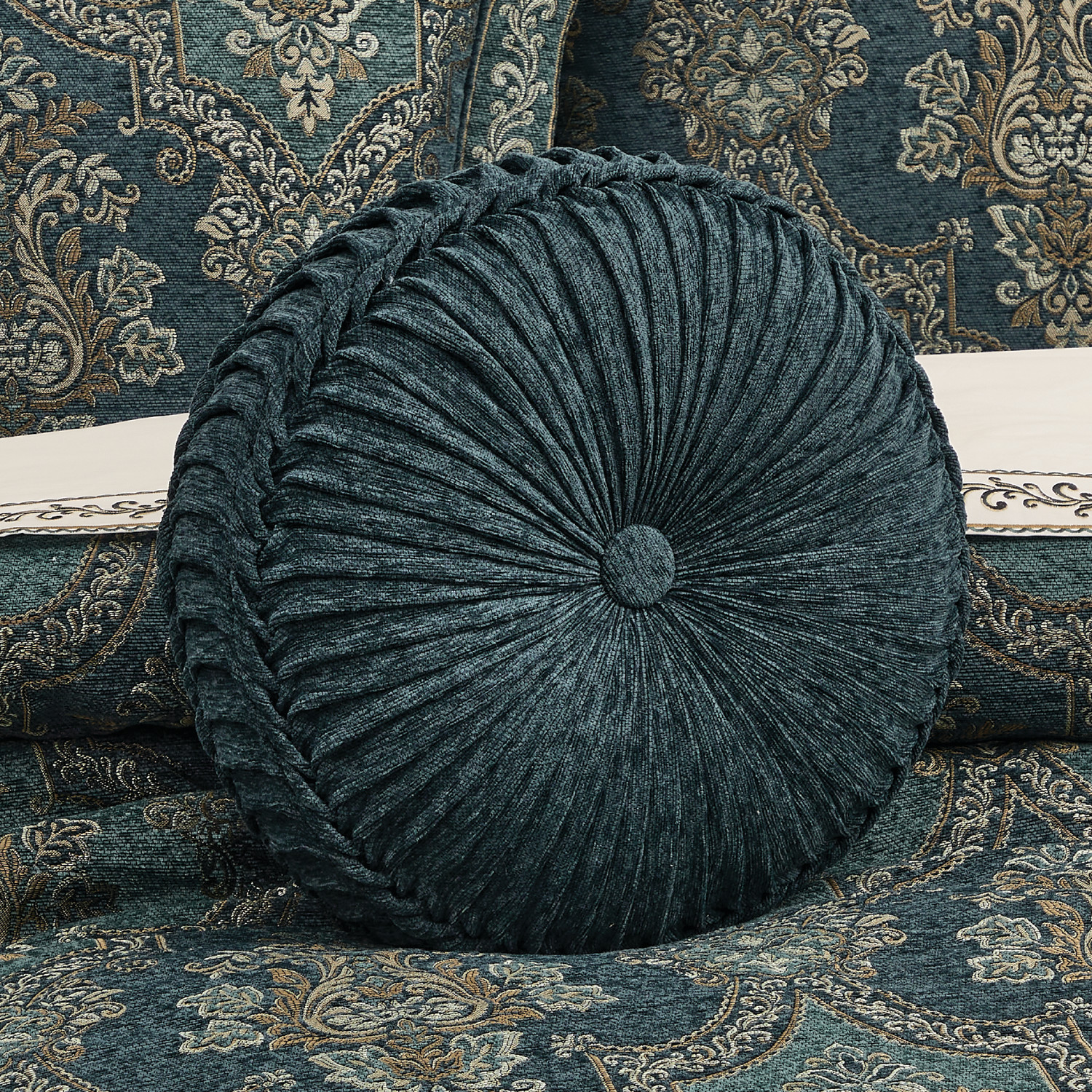 Teal Tufted Round Decorative Throw Pillow
