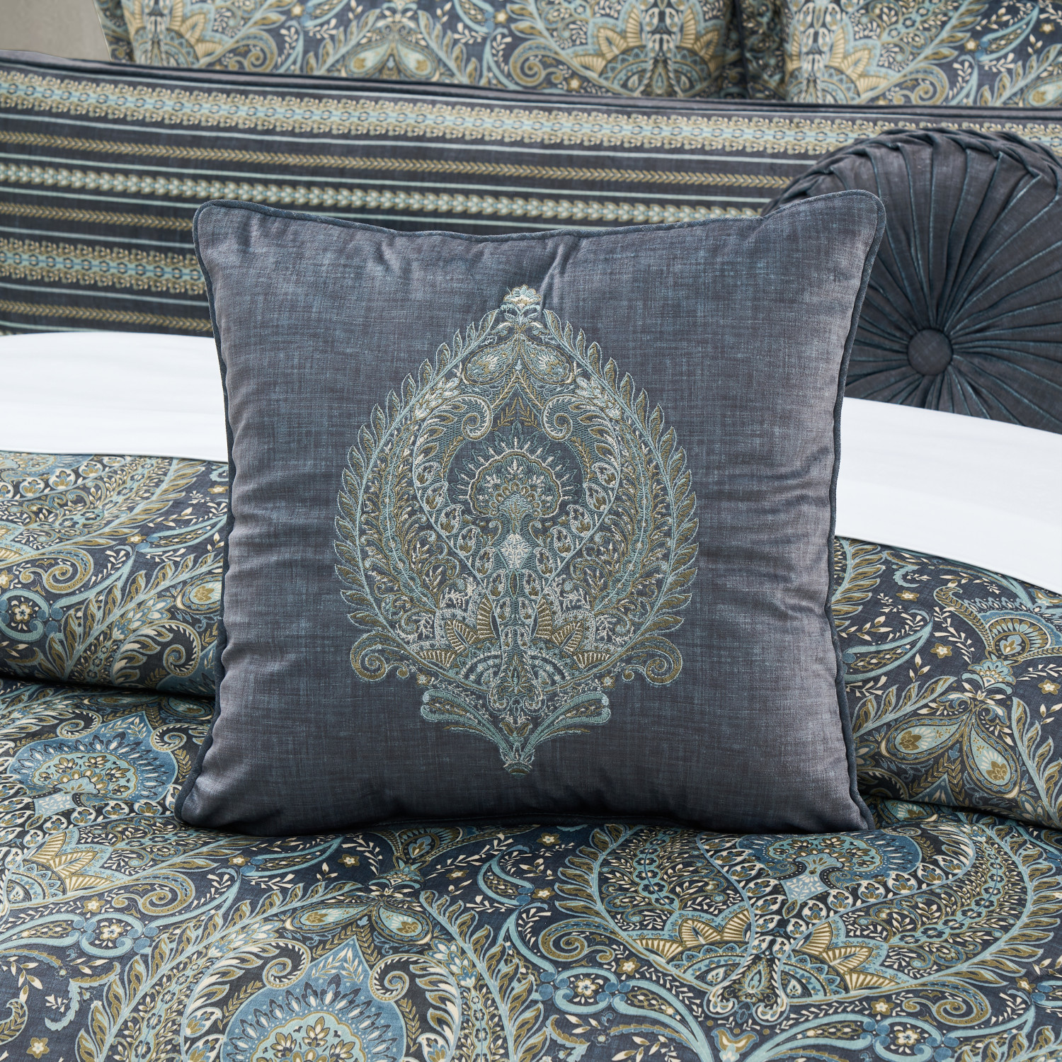 Blue 18inch Square Embellished Decorative Throw Pillow