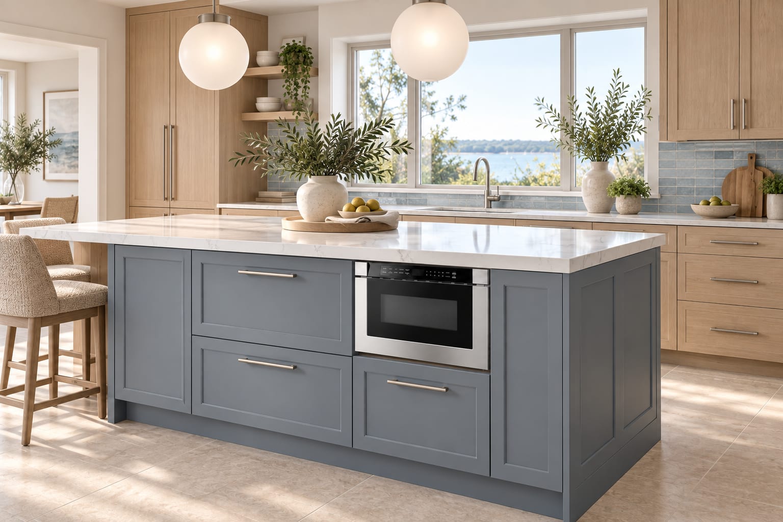Stainless microwave drawer · open and closed in a kitchen